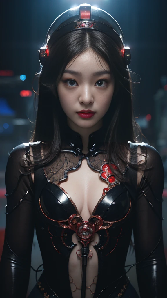 (기계1 girl과 외계인 1명)、(mystical expression)、top quality、masterpiece、Super high resolution、(realistic:1.4)、((heavy chest)),raw photo、1 girl、shiny skin、(((1 Mechanical Girl)))、((transparent crystal suit bodysuit、the body can see through)).(natural alien background to fight aliens)、(Compact LEDs)、((매우 realistic 디테일))),world lights、shadow、octane render、8K、very sharp、desk person background、giant 、Raw skin exposed in cleavage、red metal、Details of intricate ornaments、Japan Details、very intricate details、realistic light、(mystical expression),CG Society Trenlow Eyes、Shining eyes towards the camera、Mechanical peripheral blood vessels connected to tubes with neon details)、(Wires and cables connected to the head)、Compact L,mechanical thighs、Two-Stock、(Hands were also made by machines)、、alien from the future、Please wear a mechanical helmet.、