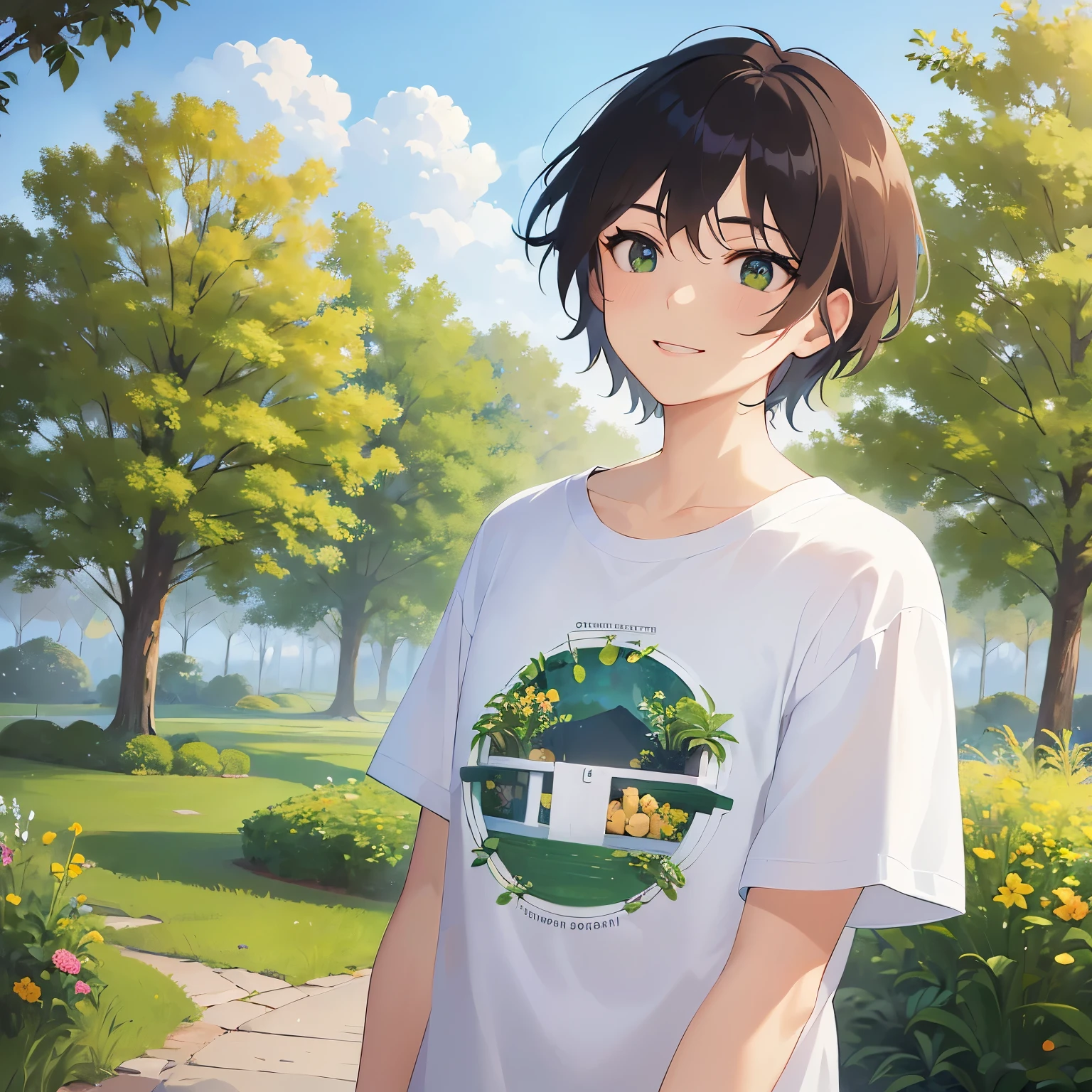 side angle,(looking away:1.5),masterpiece,Highest quality,BREAK(A man of 26:1.5)BREAK,(Brown short hair)and(Green Eyes),(White T-shirt:1.5),(smile:1.3),A park with a grassy area in the background,(alone:1.