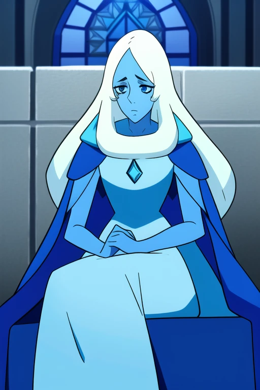 (8k) (high res) (best quality) (masterpiece) blue_diamond, white hair,long hair, blue skin,colored skin, blue eyes, gem, blue dress, long skirt,hooded cloak, cape, sitting, laying down