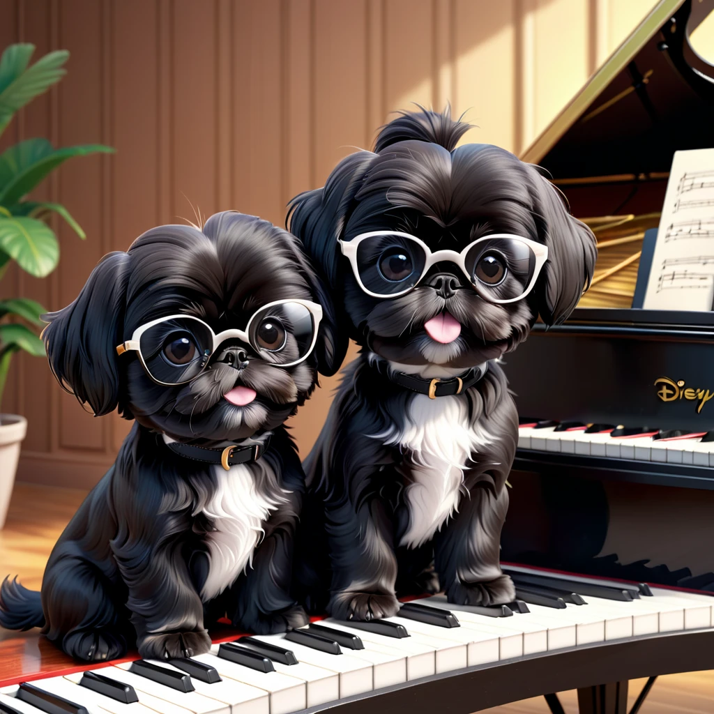 2 Adorable small black Shih Tzu puppies wearing glasses playing piano Disney background 3d cartoon 3d render disney pixar style