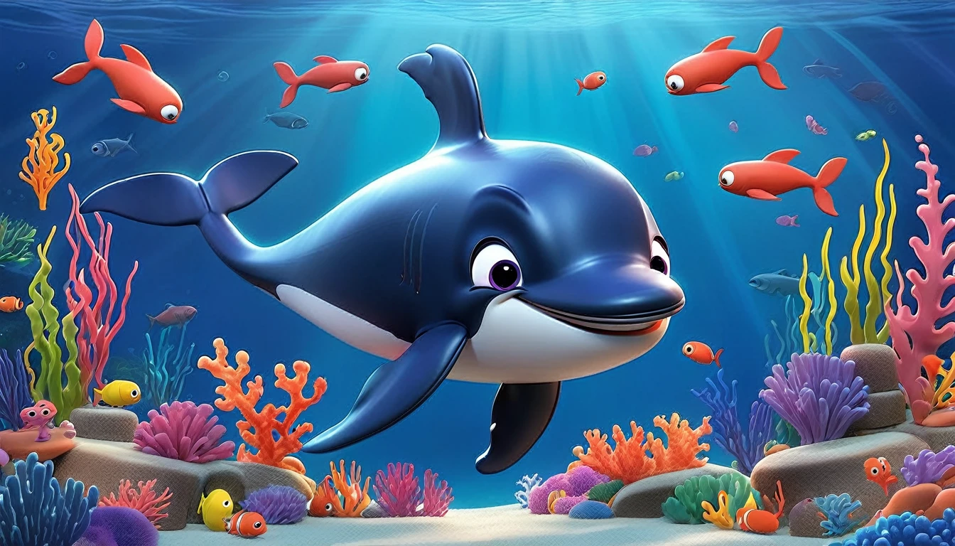 Create a 3-D Pixar style art scene for kids featuring a whale eating krill with lots of tiny shrimp-like creatures around it. The scene should be colorful and vibrant, with an ocean background, coral reefs, and schools of fish. The overall mood should be engaging and inviting for young children.