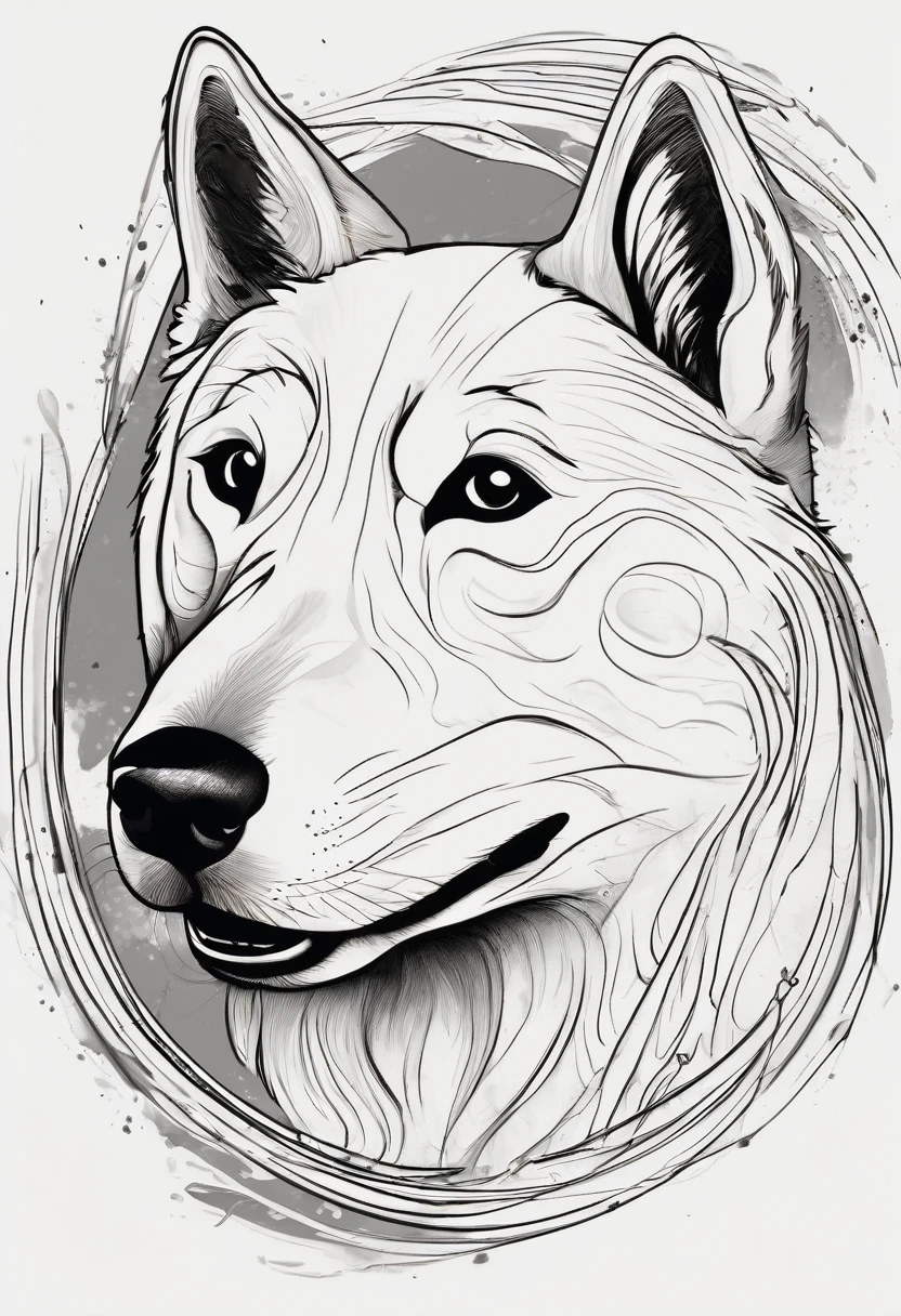 
Here is the prompt in English for creating the image:

"Dynamic ink brushstroke style, black and white only: illustration by a professional illustrator, featuring a cute wolf pup or Shiba Inu in an action shot with a happy and joyful expression. The illustration should have high detail and be set against a white background. The Shiba Inu should have blue eyes and a surreal expression, with very realistic fur depiction. The design should incorporate an artistic circle motif for an icon. The dog should have distinctive whiskers accurately depicted, emphasizing a traditional Japanese aesthetic."

Blue eyes
SHIBA DOG
Realistic fur depiction
Surreal expression
Artistic circle motif for an icon
Distinctive whiskers
Traditional Japanese design