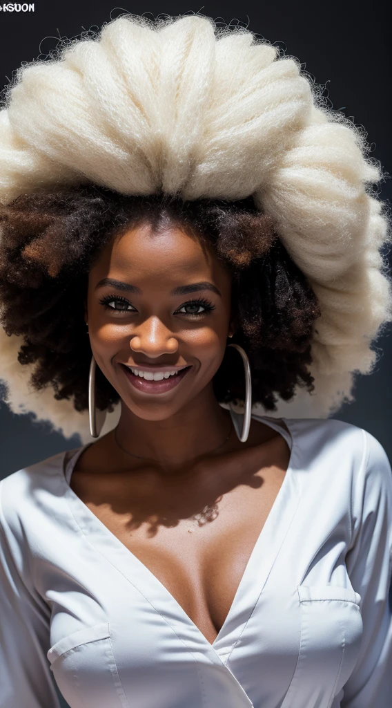 The shaman afro woman. smiling. white nurse jumpsuit. Sexy. Realistic photo. 50/50 1girl. high quality, real photo. 4k.