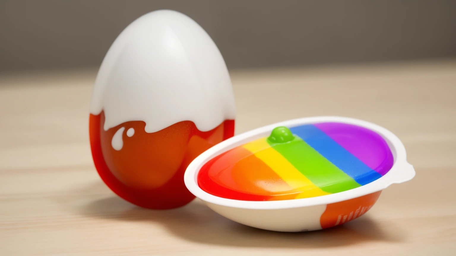 on a wooden table, стоят две половинки plasticового яйца Kinder. Kinder egg-shaped packaging ((plastic)). in one of the halves there are rainbow drips of chocolate cream,  Multiple light sources, Beautiful sunlight, bright lighting, Realistic style , realistic texture, detailed texture, A high resolution, high quality, macro photo, ultra hd 4k quality.