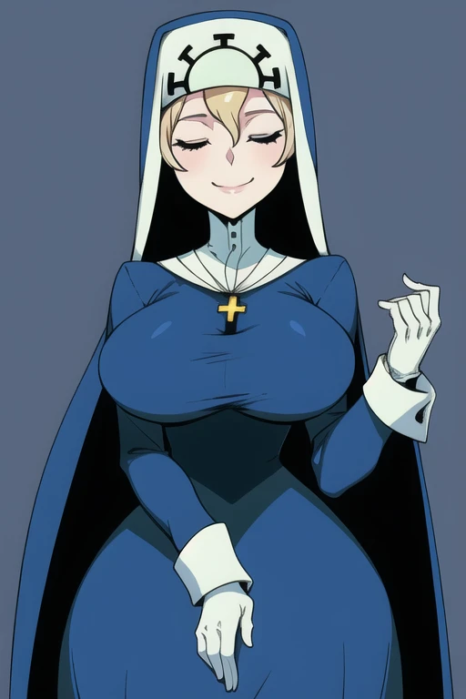 Double, short blonde hair, medium breasts, solo, smiling, cowboy shot, closed eyes,
blue habit, cross necklace ,white gloves, long sleeves, nun, long skirt
(insanely detailed, beautiful detailed face,beautiful detailed eyes, masterpiece, best quality) room, bedroom, sexy pose, cloak, cape