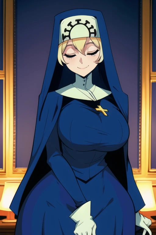 Double, short blonde hair, medium breasts, solo, smiling, cowboy shot, closed eyes, 
 blue habit, cross necklace ,white gloves, long sleeves, nun, long skirt
(insanely detailed, beautiful detailed face,beautiful detailed eyes, masterpiece, best quality) room, bedroom, sexy pose, cloak, cape