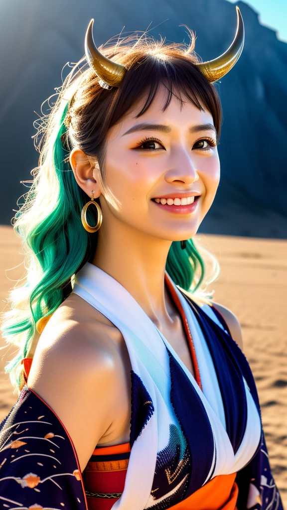 Ultra-realistic 8K CG, masterpiece, ((Very detailed背景, Delicate pattern, Exquisite detail)), (Very detailed, Fine details), Highest quality, (Realistic:1.4),Beautiful lighting,  Absurd, RAW Photos, Film Grain, ((Medium chest, Slim girl)), Yamato, Long Hair, One girl, horn, Gray Hair, alone, They are, red horn, curled horn, hair ornaments, (multicolored horn), jewelry, Earrings, kimono, kimono, Hairpin, No sleeve, Bare shoulders, Aqua Hair, Side Lock, hoop Earrings, In the same way, smile, wide smile, ((Orange eyes, Slim girl, Medium chest)), (Complex and detailed background, Barren Land, moon, Cowboy Shot),