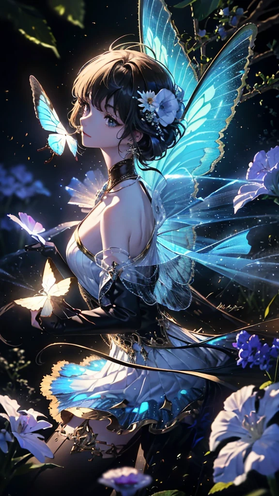 (((Masterpiece))), (((Best quality))), ((Ultra-detailed)),(Highly detailed CG illustration), ((An extremely delicate and beautiful)),Cinematic light, Create stunning fantasy artwork,fairy fantasy,the Flower Fairy,Transparent butterfly wings,Fairy stick,Lots of flowers,Lots of colouring butterflies, A skirt blown by the wind,Fluttering strands of hair,Side Body,ventania:1.3,dyna,brightly colored,Exudes an aura of mystery and magic. Pay close attention to intricate facial features, For example, mesmerizing eyes,smile,brightly,perfect body feature, The character's clothes should be designed to be as light as the wings of a cicada, Subtle iridescent details. Blend in with fantastic colors, Dynamic lighting, and detailed background elements,Consider the latest trends in fantasy art, such as incorporating unique lighting effects, Explore dynamic and engaging composition techniques, And try a unique color palette. Take inspiration from top artists on ArtStation and Midjourney. camera: Choose an angle that highlights the beauty of your character,Enhance the magical majesty of the artwork. lighting: Use atmospheric lighting technology to create depth and atmosphere. Resolution: Aim for high-resolution artwork,to showcase intricate detail and clarity. Artistic inspiration: Get inspiration from popular artists on ArtStation, Explore different styles