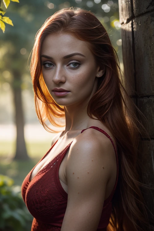 Sophie Turner, (face detailed:1.2), Red-Haired, freckles, detailed light blue eyes, realistic textured skin, muscular girl, Corpo Fitness, busty, Kale, corpo Kale vestindo apenas uma capa de pele de lobo,  (whole body:1.3), posing frontally looking at the viewer, vivid color, photorrealistic, high qualiy, 8K, intricate-detail,