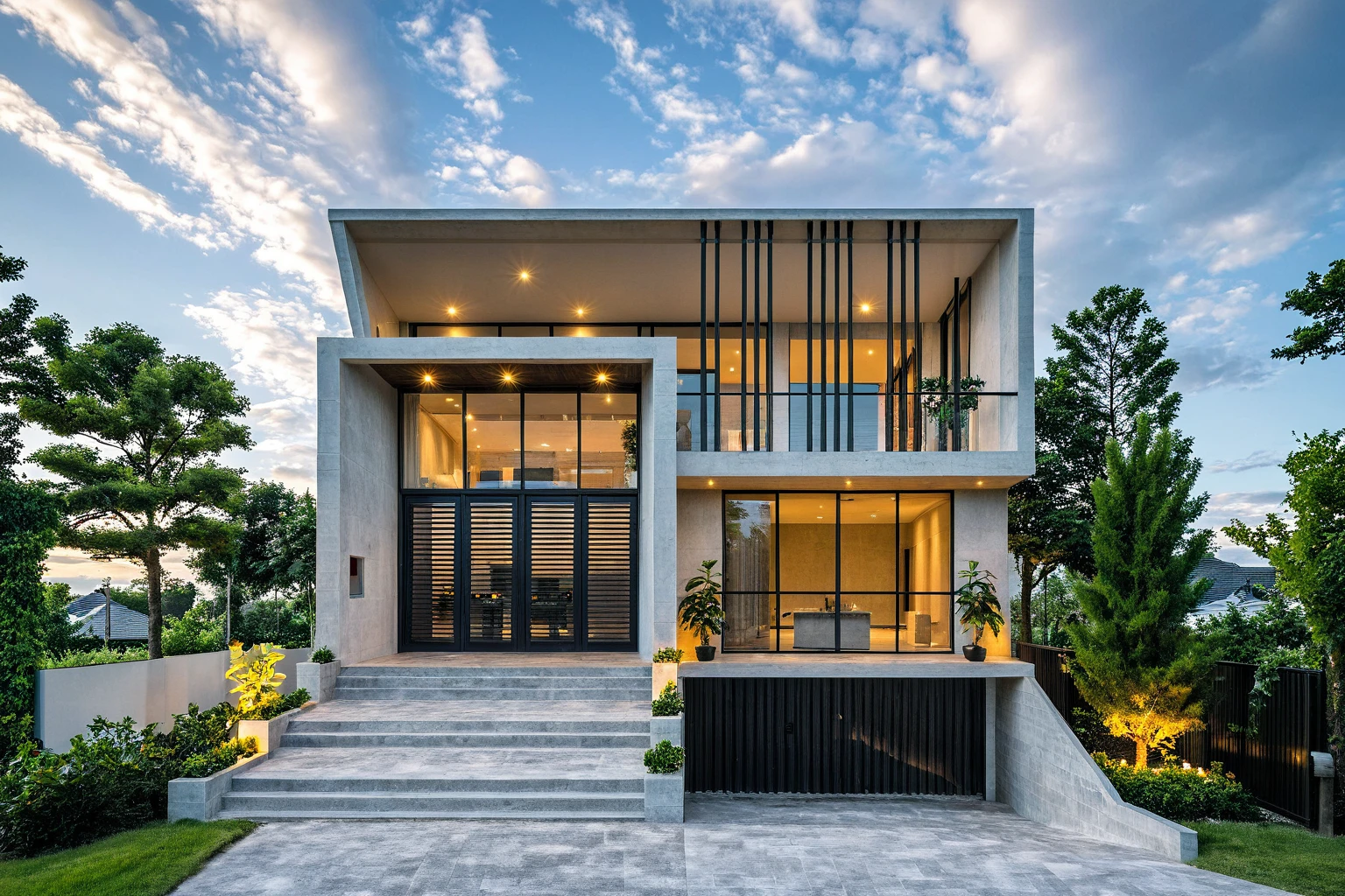 Masterpiece, high quality, best quality, authentic, super detail, outdoors, onestoreyvillaXL, aiaigroup, house style modern, white wall ,pavement, grass, trees, dusk sky, cloud, (daylight:1.1)
