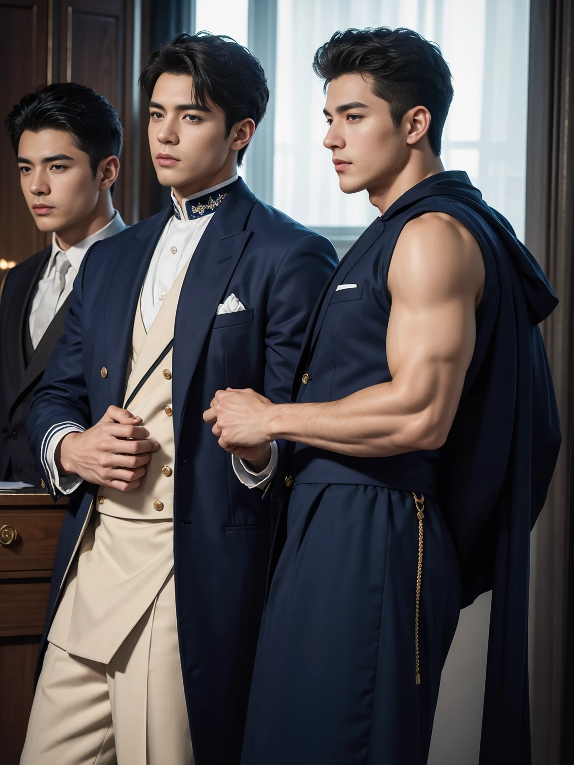 ((masterpiece)),((best quality)),8K,high detail,Very detailed, Very manly,3 men, like,fashion pose, Realistic skin texture, Light,
Royal blue style couple