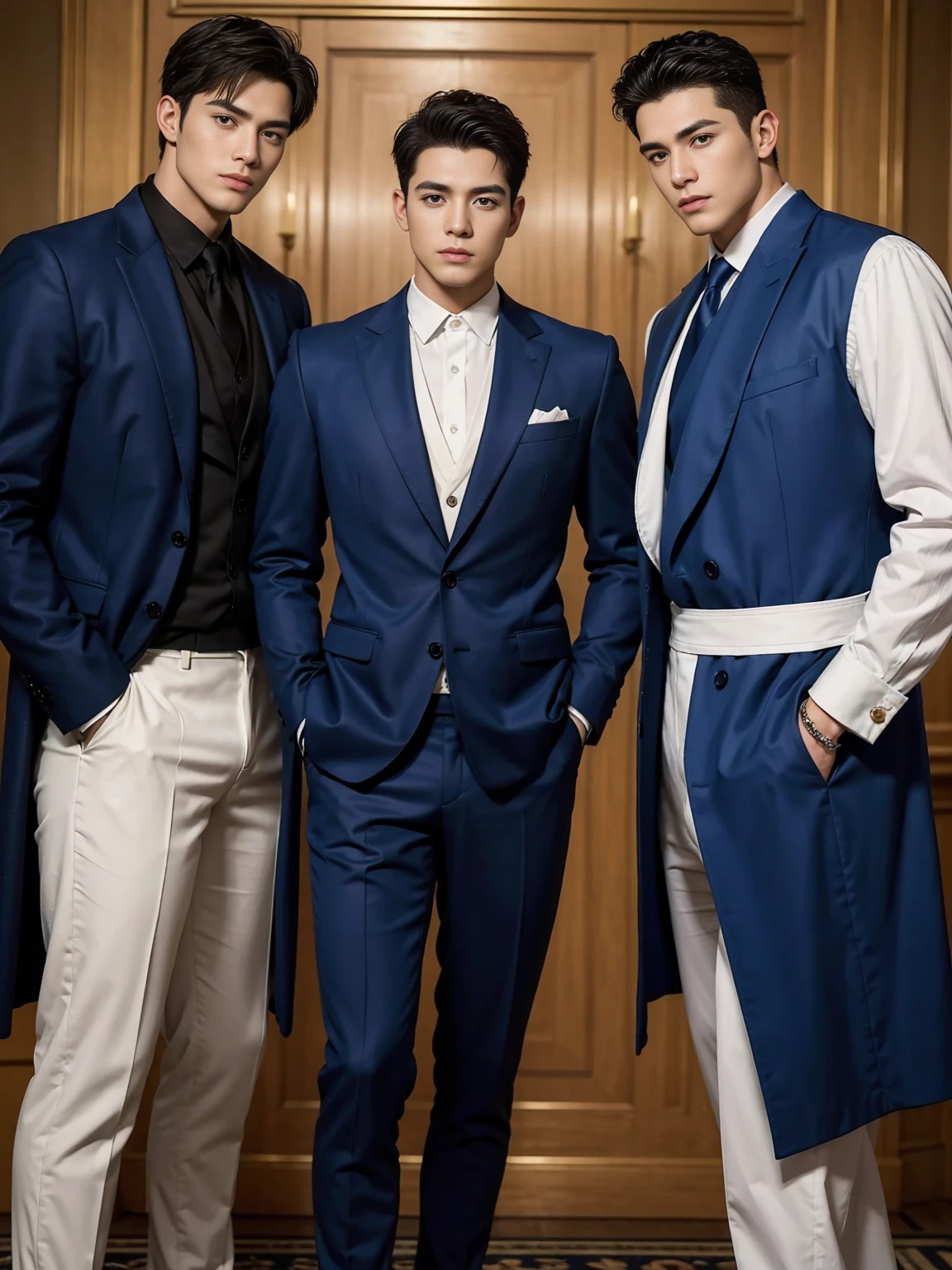 ((masterpiece)),((best quality)),8K,high detail,Very detailed, Very manly，3 men, like，fashion pose, Realistic skin texture, Light,
Royal blue style couple