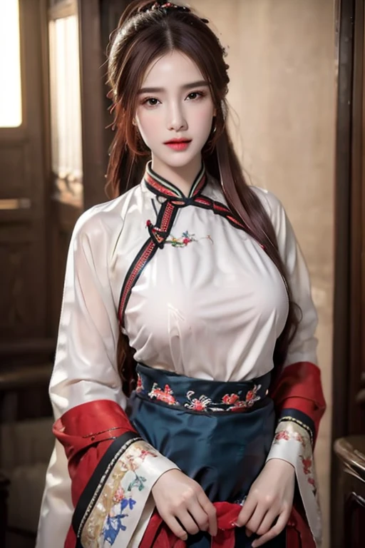 Hanfu, ((You are a beautiful woman.)), hips up, Bare-chested, Scenery of ancient Chinese houses, Evening, red mouth, High nose, big breasts, red cloth, Gold Embroidery, black embroidered gold, dark red hair, high ponytail, depth of field, สาวสวยกับdetailsที่สวยงาม, European face, ดวงตาและใบหน้าที่Very detailed，เสื้อผ้าdetailsมาก, The resolution is incredibly ridiculous.， hugeFilesize， ไฮเปอร์details， High resolution， Very detailed， best quality， Masterpiece, The resolution is incredibly ridiculous., illustration， มีdetailsและสวยงามเป็นพิเศษ，official art, Very detailed， CG， unity， 8k wallpaper， Surprisingly， details， Masterpiece， Highest quality, วอลล์เปเปอร์ CG unity 8k ที่มีdetailsมาก（Perfect shiny skin：0.6）Best shots)), ((Masterpiece)), (details),