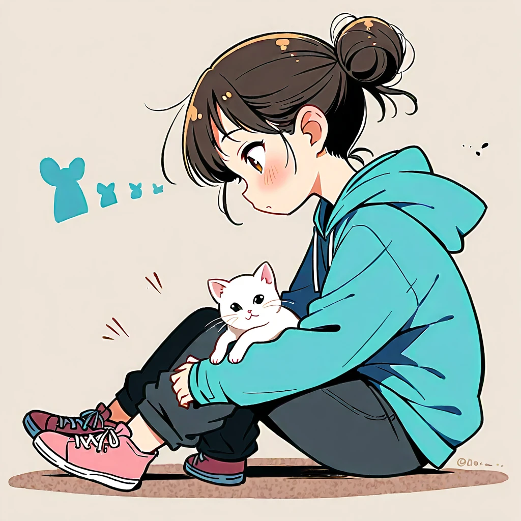A girl, blushing, with black hair, long sleeves, brown eyes, shoes, pants, a hoodie, hair bun, from the side, hoodie, silhouette, animal, black pants, sitting on the ground, single hair bun, two kittens, one chubby gray and white kitten, and one black kitten, hoodie down, sneakers, pink footwear, blue hoodie, and looking at the kittens.