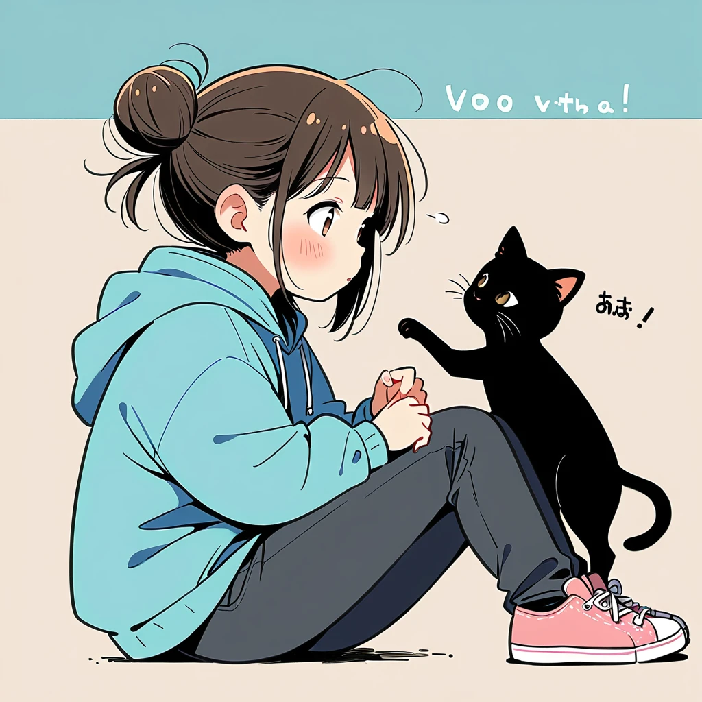 A girl, blushing, with black hair, long sleeves, brown eyes, shoes, pants, a hoodie, hair bun, from the side, hoodie, silhouette, animal, black pants, sitting on the ground, single hair bun, two kittens, one chubby gray and white kitten, and one black kitten, hoodie down, sneakers, pink footwear, blue hoodie, and looking at the kittens.