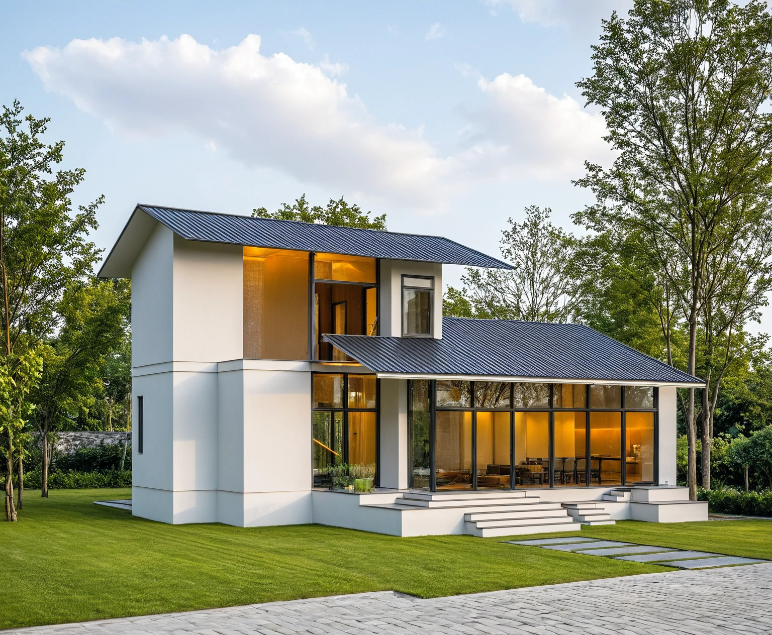 Masterpiece, high quality, best quality, authentic, super detail, outdoors, onestoreyvillaXL, aiaigroup, house style modern on the street ,stairs, white wall ,road,pavement, grass, trees, sky, cloud, (daylight:1.1)
