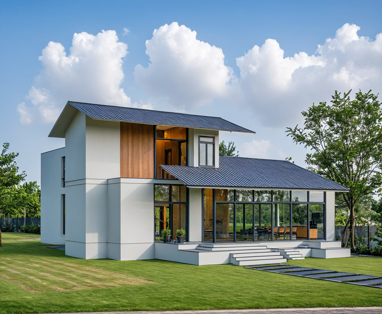 Masterpiece, high quality, best quality, authentic, super detail, outdoors, onestoreyvillaXL, aiaigroup, house style modern on the street ,stairs, white wall ,road,pavement, grass, trees, sky, cloud, (daylight:1.1)