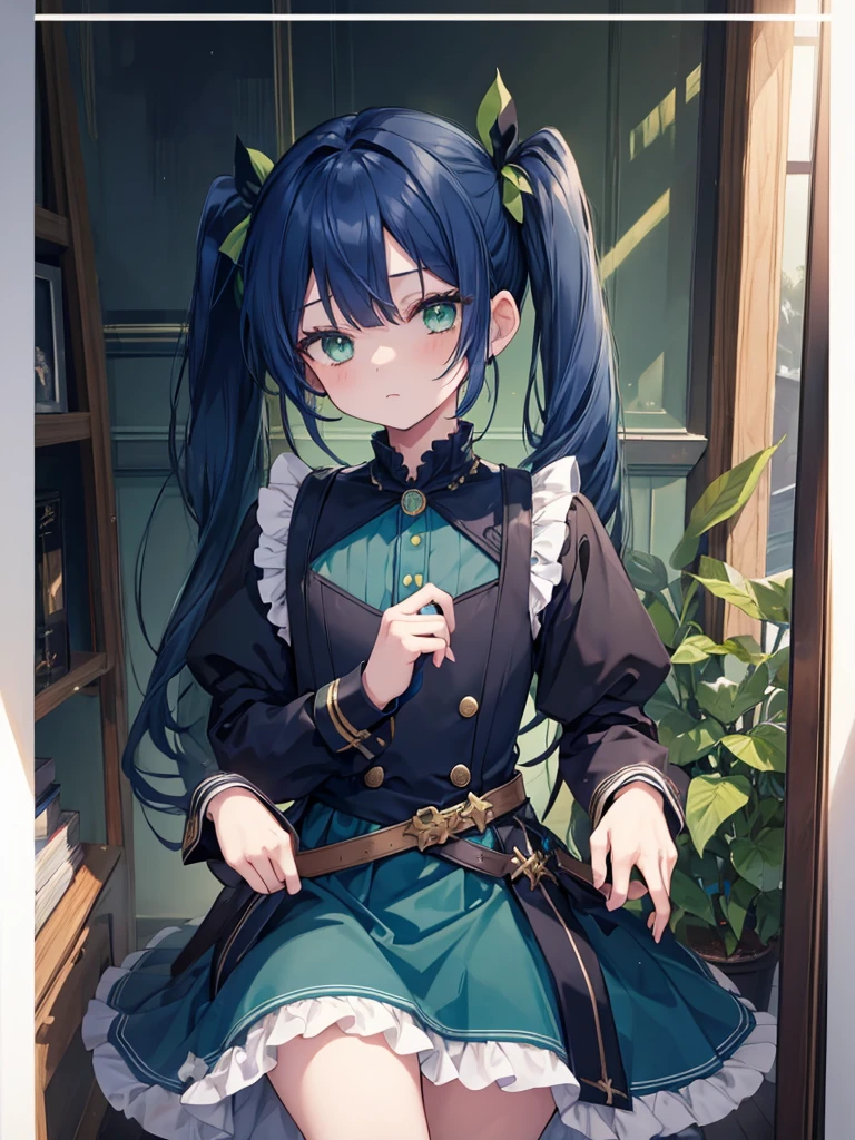 1boy, ((dark blue hair)), beautiful boy, ((green eyes)), idol costume, dress, ((twintail))
