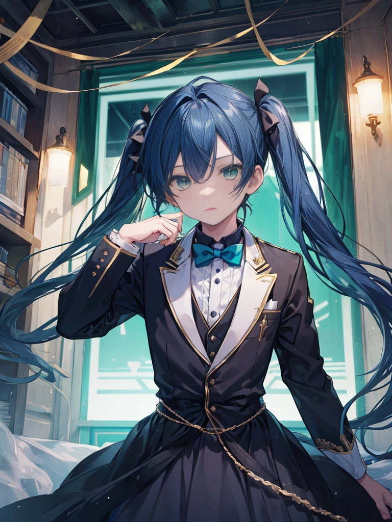 1boy, ((dark blue hair)), beautiful boy, ((green eyes)), idol costume, dress, ((twintail))