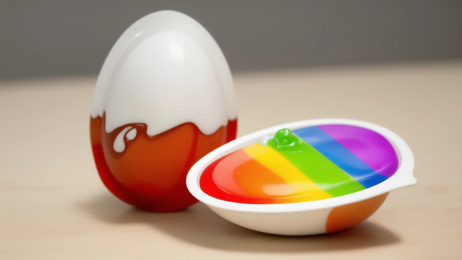 on a wooden table, стоят две половинки plasticового яйца Kinder. Kinder egg-shaped packaging ((plastic)). in one of the halves there are rainbow drips of chocolate cream, Multiple light sources, Beautiful sunlight, bright lighting, Realistic style , realistic texture, detailed texture, A high resolution, high quality, macro photo, ultra hd 4k quality.