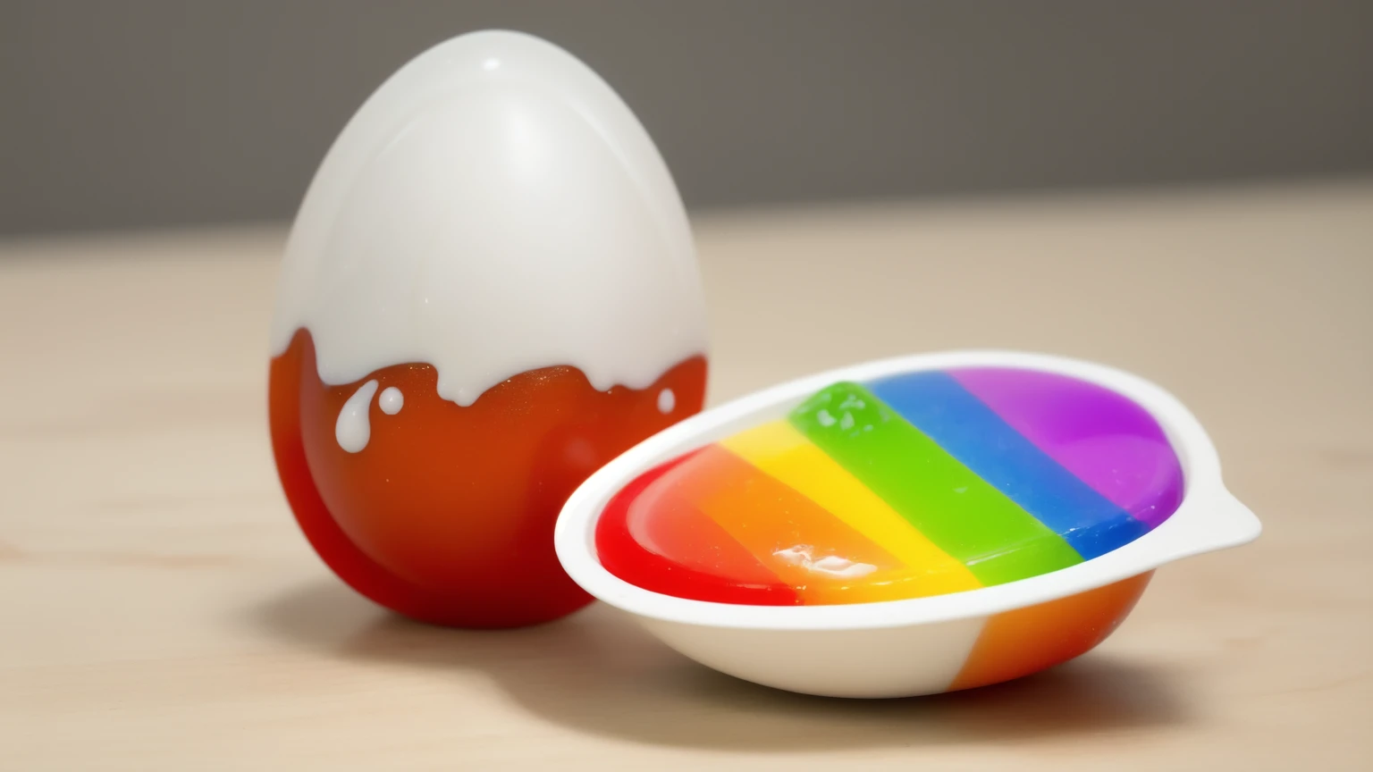 on a wooden table, стоят две половинки plasticового яйца Kinder. Kinder egg-shaped packaging ((plastic)). in one of the halves there are rainbow drips of chocolate cream, Multiple light sources, Beautiful sunlight, bright lighting, Realistic style , realistic texture, detailed texture, A high resolution, high quality, macro photo, ultra hd 4k quality.