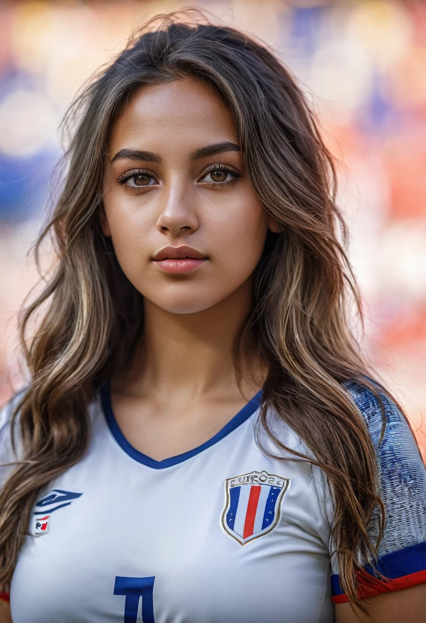 8k, clear grey eyes, beautiful mixed girl, Long slightly wavy hair, extremely detailed full curvy body, beautiful chest, football, Euro Championship, sexy France jersey, french stadium, Soccer ball, vibrant colors, natural lighting, (best quality,4k,,highres, masterpiece:1.2),ultra-detailed,(realistic,photorealistic,photo-realistic:1.37),portrait,landscape