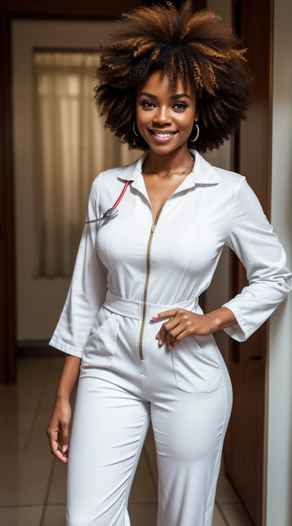 The milf afro woman. smiling. white nurse jumpsuit. Sexy. Realistic photo. 50/50 1girl. high quality, real photo. 4k.