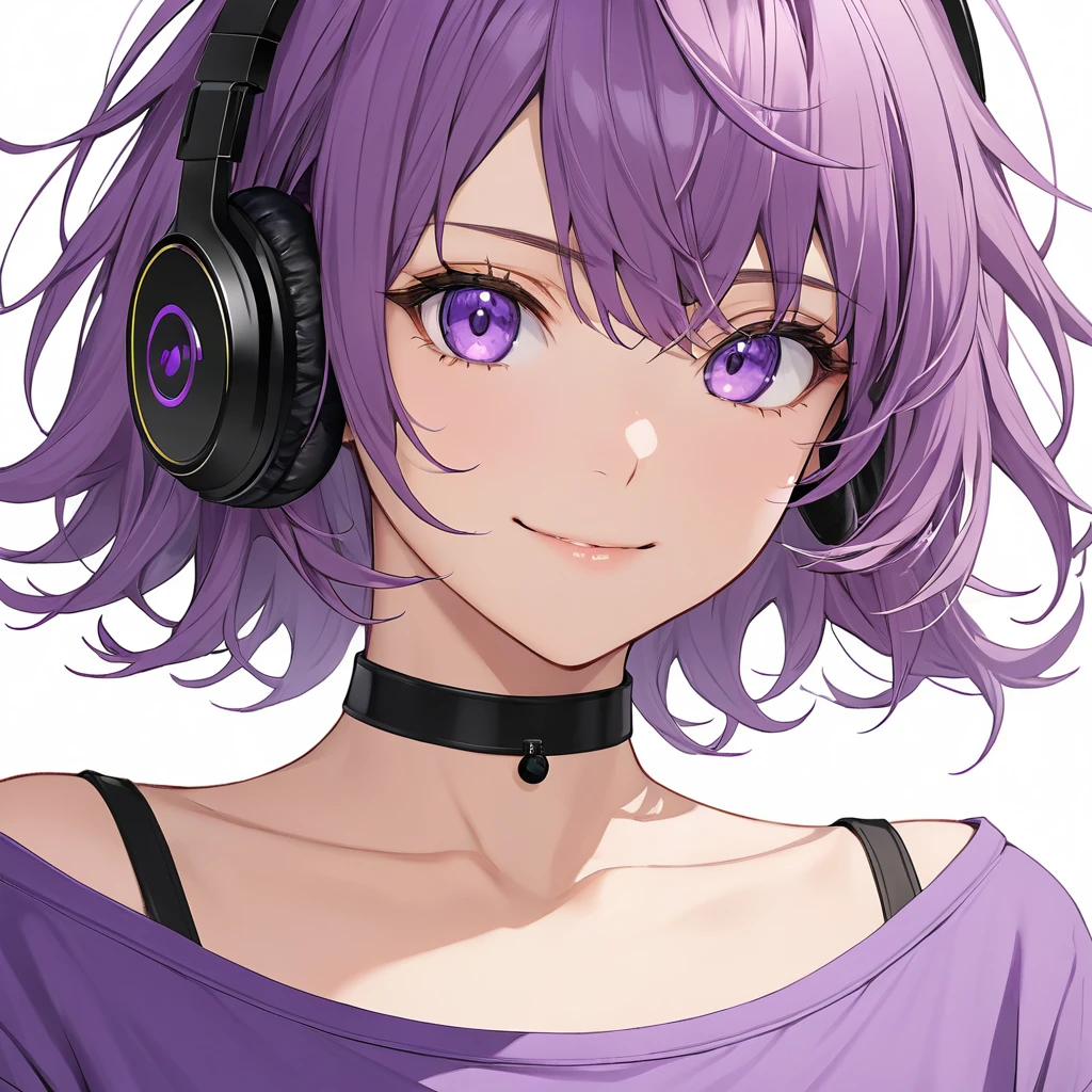 High-resolution anime digital art, Masterpiece, upper body, tomboy, mature, sexy, smart, hair color black, hairstyle short, real detail eyes pupil purple, long purple plain shirt, black chokers, black headphone wireless, Happy face (simple background, white background)