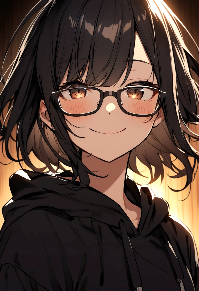 Girl wearing a black hoodie... Has visible eyebags, brown-colored eyes, short messy black hair, wears glasses with a cracked left lens, and has an awkward smile on her face.
