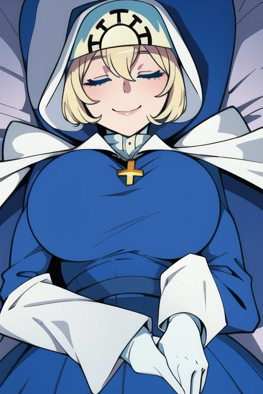 Double, short blonde hair, medium breasts, solo, smiling, cowboy shot, closed eyes,
blue habit, cross necklace ,white gloves, long sleeves, nun, long skirt
(insanely detailed, beautiful detailed face,beautiful detailed eyes, masterpiece, best quality) room, bedroom, lying down, sexy pose, cloak, cape