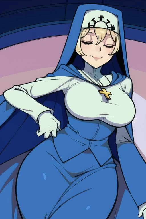 Double, short blonde hair, medium breasts, solo, smiling, cowboy shot, closed eyes,
blue habit, cross necklace ,white gloves, long sleeves, nun, long skirt
(insanely detailed, beautiful detailed face,beautiful detailed eyes, masterpiece, best quality) room, bedroom, lying down, sexy pose, cloak, cape
