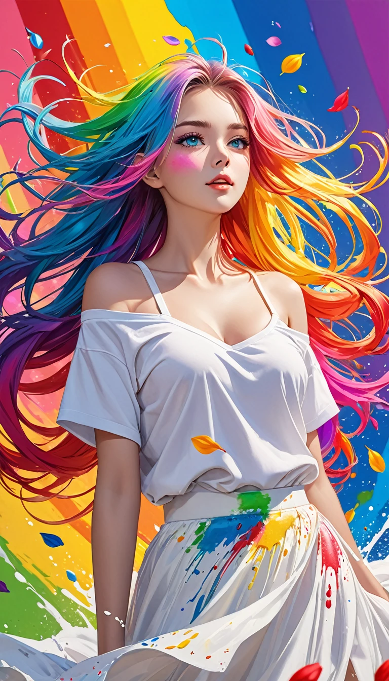 (Pink Fashion T-shirt:1.9),(((playguitar)))), (Colorful hair: 1.8), (all the colours of the rainbow: 1.8),(((((vertical painting:1.6))), (painting:1.6),front, comics, illustrations, paintings, large eyes, crystal clear eyes,( rainbow color gradient high ponytail:1.7), exquisite makeup, closed mouth,(Small Fresh: 1.5),(Wipe Chest: 1.6) ,long eyelashes, white off shoulder T-shirt, White Shoulder Shirt,looking at the audience, large watery eyes, (rainbow colored hair:1.6), color splash, (solo:1.8), color splash, color explosion, thick paint style, messy lines, ((shining)),(colorful), (colorful), (colorful), colorful, Thick Paint Style, (Splash) (Color Splash), Vertical Painting, Upper Body, Paint Splash, Acrylic Pigment, Gradient, Paint, Highest Image Quality, Highest Quality, Masterpiece, Solo, Depth of Field, Face Paint, colorful clothes, (Elegant: 1.2), gorgeous,long hair, wind, (Elegant: 1.3), (Petals: 1.4),(((masterpiece))),(((best quality))),((ultra-detailed)),(illustration),(dynamic angle),((floating)),(paint),((disheveled hair)),(solo),(1girl) , (((detailed anima face))),((beautiful detailed face)),collar,bare shoulders,white hair, ((colorful hair)),((streaked hair)),beautiful detailed eyes,(Gradient color eyes),(((colorful eyes))),(((colorful background))),(((high saturation))),(((surrounded by colorful splashes))),