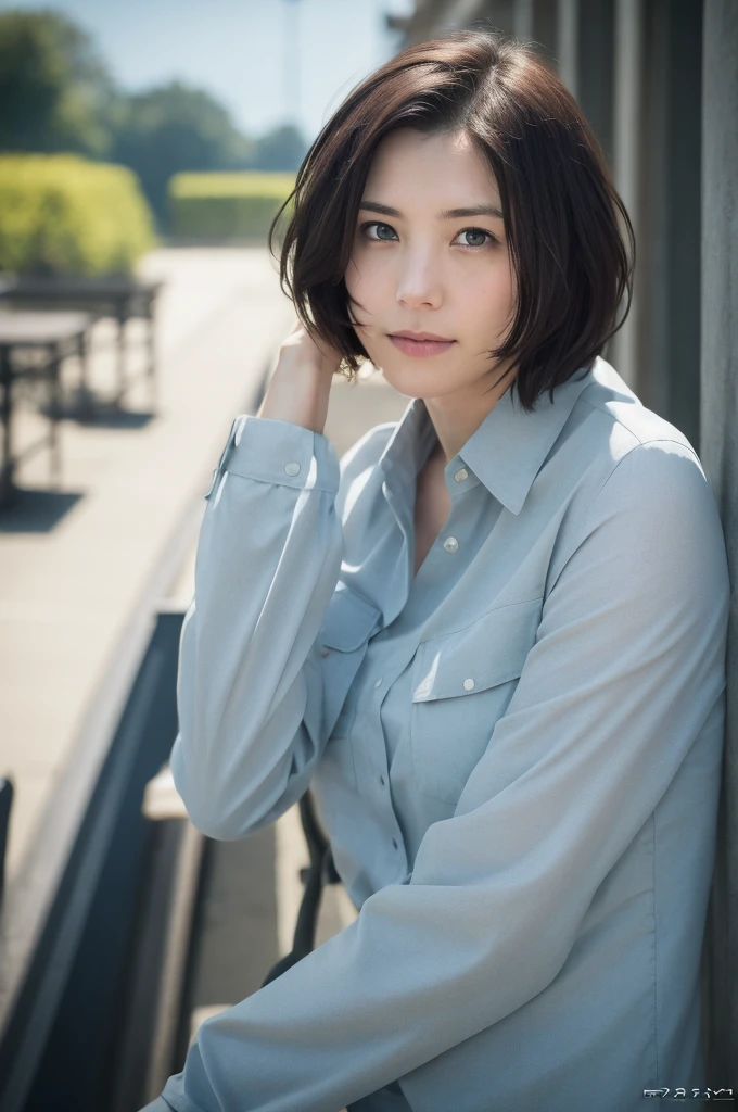 You are a professional photographer。 , short hair blown by the wind. She has a faint smile , Perfect Eyes, Perfect hands, Perfect body, Perfect Hair, Accurate身体, masterpiece, Accurate, Anatomically correct, Rough skin, Very detailed, Advanced Details, high quality, 最high quality, High resolution, 16K, 8K, Looking into the camera,Jill Valentine