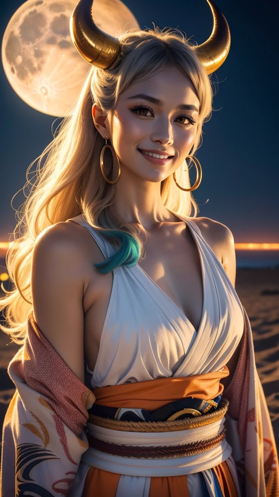Ultra-realistic 8K CG, masterpiece, ((Very detailed背景, Delicate pattern, Exquisite detail)), (Very detailed, Fine details), Highest quality, (Realistic:1.4),Beautiful lighting, Absurd, RAW Photos, Film Grain, ((Medium chest, Slim girl)), Yamato, Long Hair, One girl, horn, Gray Hair, alone, They are, red horn, curled horn, hair ornaments, (multicolored horn), jewelry, Earrings, kimono, kimono, Hairpin, No sleeve, Bare shoulders, Aqua Hair, Side Lock, hoop Earrings, In the same way, smile, wide smile, ((Orange eyes, Slim girl, Medium chest)), (Complex and detailed background, Barren Land, moon, Cowboy Shot),