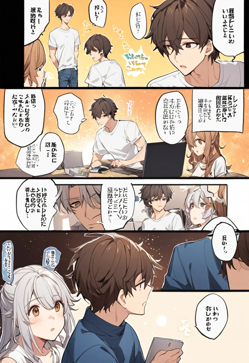 A silver-haired boy is holding a computer in his hands, his hair is messy, he is wearing jeans and a white T-shirt. When a brown-haired girl asks him about something he doesn't understand about the computer, she politely explains it to him. Please make a comic version of this story and also create speech bubbles for comments.