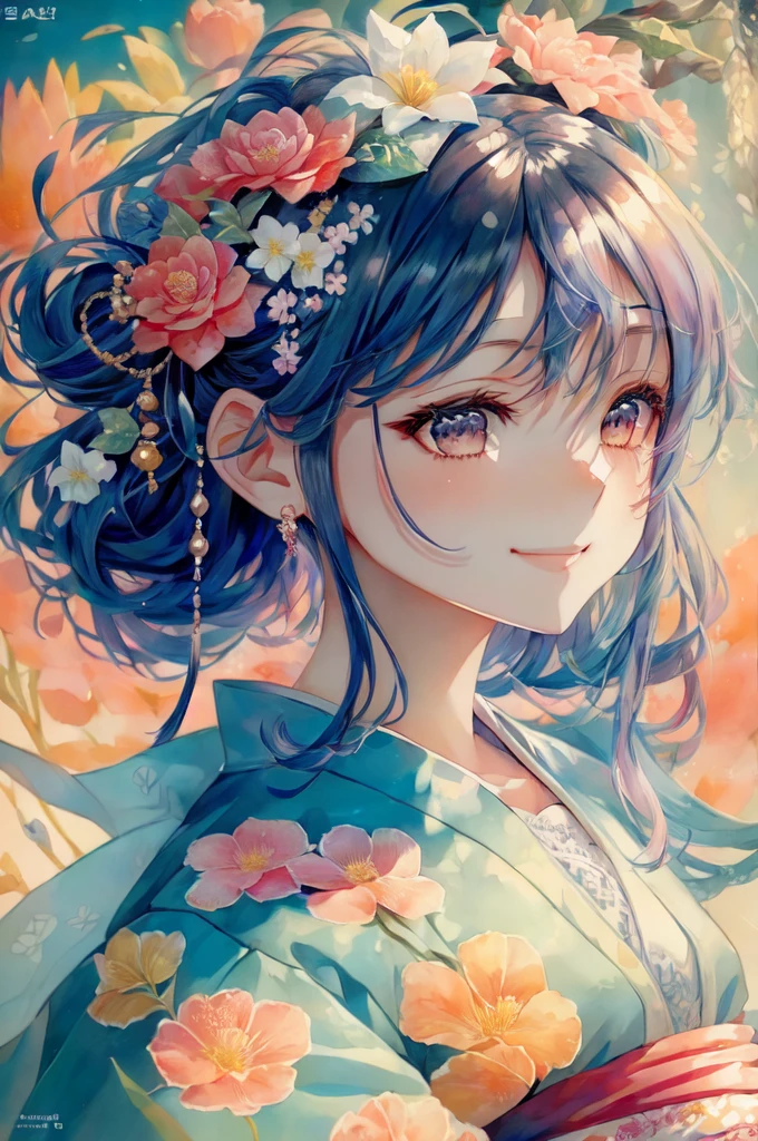 anime smiling girl with blue hair and flower crown, beautiful anime portrait, anime style 4 k, detailed portrait of anime girl, stunning anime face portrait, anime art wallpaper 4k, anime art wallpaper 4 k, beautiful anime artwork, beautiful anime girl, detailed digital anime art, anime art wallpaper 8 k, beautiful anime art, beautiful anime art style, cute anime girl portrait