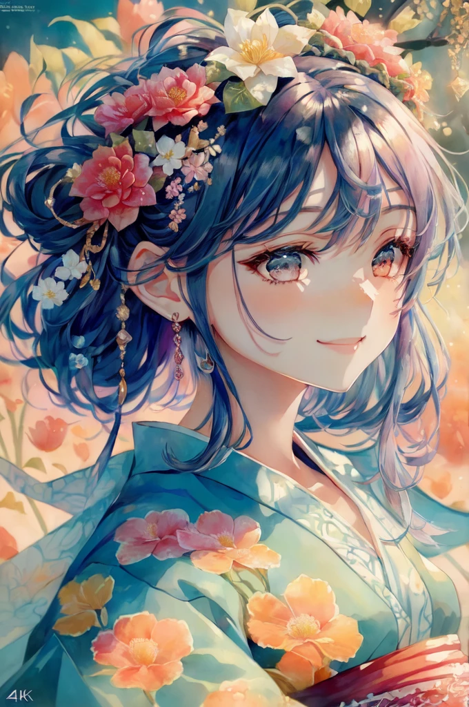 anime smiling girl with blue hair and flower crown, beautiful anime portrait, anime style 4 k, detailed portrait of anime girl, stunning anime face portrait, anime art wallpaper 4k, anime art wallpaper 4 k, beautiful anime artwork, beautiful anime girl, detailed digital anime art, anime art wallpaper 8 k, beautiful anime art, beautiful anime art style, cute anime girl portrait