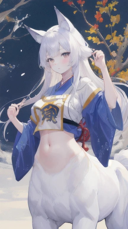 (best quality, masterpiece), 1 girl, centaur, It takes, White skin, Japanese  , exposing the abdomen,belly button t-shirt, beautiful girl perfect wolf photo, perfect wolf photo