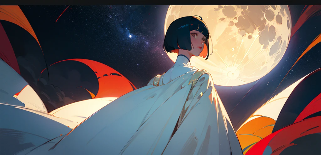 masterpiece, Highest quality, Stained glass style art, whole body, Portrait of a beautiful girl with a bobcut, Wearing a pure white dress,Back view,Looking up at the moon, (The best light), (Red lips:0.8),Starry Sky, Photorealistic, High Contrast, Highly detailed background, Super detailed, Highly detailed skin, Shine, Cinematic Light