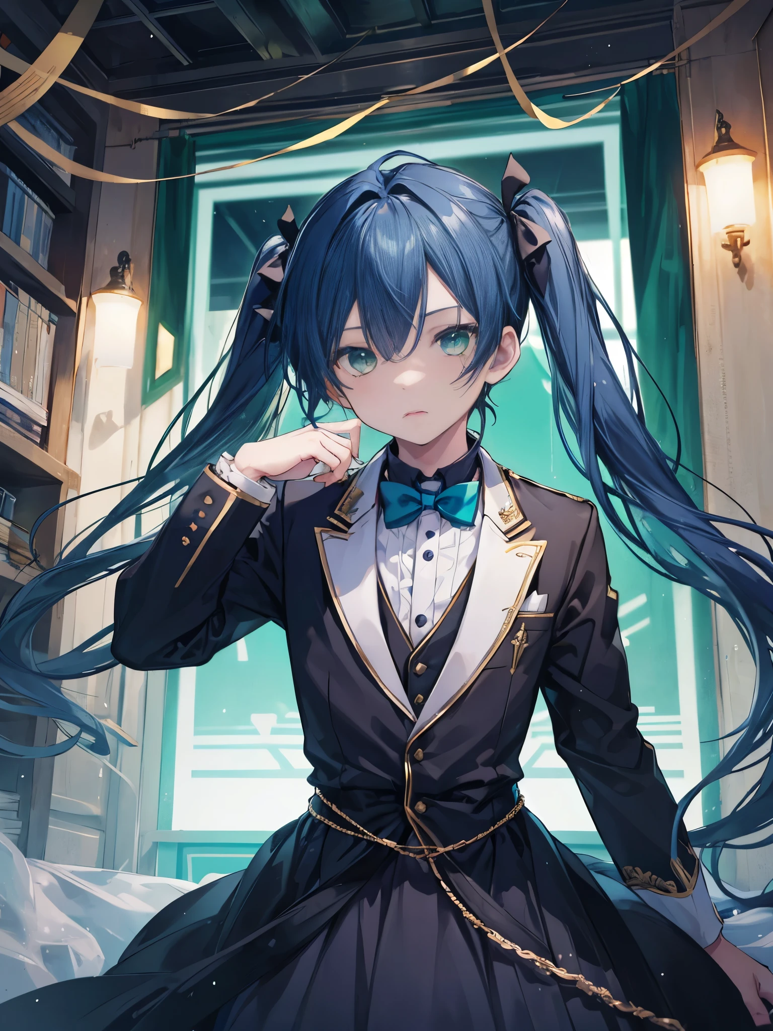1boy, ((dark blue hair)), beautiful boy, ((green eyes)), idol costume, dress, ((twintail))