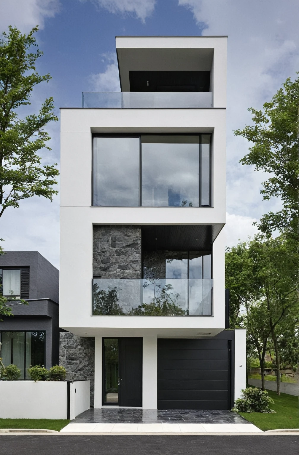 house exterior, modern style, white wall, dark granite wall, white ceiling, glass door, glass window, (actual: 1.2), Masterpiece, high quality, best quality, authentic , super detailed, outdoor, road, sidewalk, grass, trees, sky, clouds , (daylight:1.1)