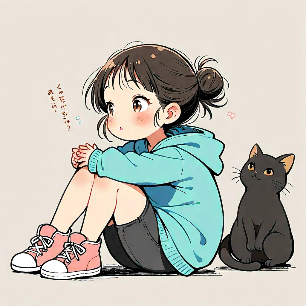 A girl, blushing, with black hair, long sleeves, brown eyes, shoes, pants, a hoodie, hair bun, from the side, hoodie, silhouette, animal, black pants, sitting on the ground, single hair bun, two kittens, one chubby gray and white kitten, and one black kitten, hoodie down, sneakers, pink footwear, blue hoodie, and looking at the kittens.