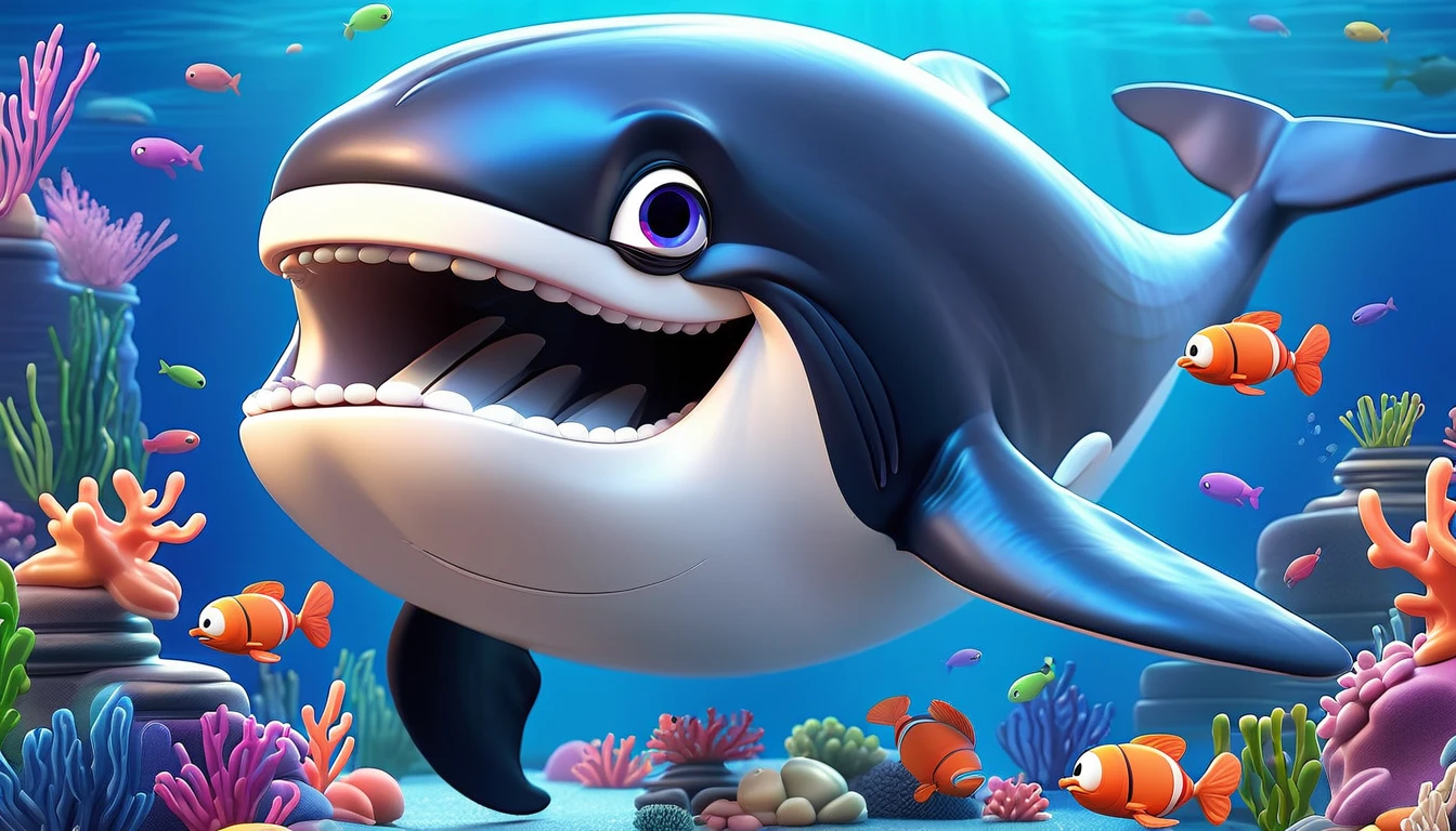 Create a 3-D Pixar style art scene for kids featuring a whale eating krill with lots of tiny shrimp-like creatures around it. The scene should be colorful and vibrant, with an ocean background, coral reefs, and schools of fish. The overall mood should be engaging and inviting for young children.