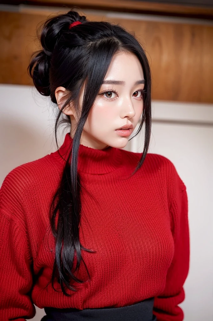 Beautiful woman with thick black hair, styled with a lovely parting, wearing a red sweater, and her hair tied into two sections