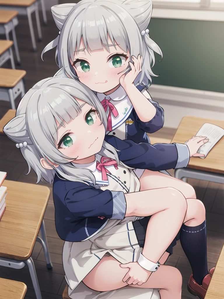 indoor,((classroom)),Bookshelf,Focus from above, Green Eyes, Grey Hair, hair ornaments, bangs, Virtual YouTuber, blunt bangs, Double Bang, Animal ears, Flat Chest,uniform,Grey Skirt,skirt lift,Pink Panties,blush,Reaching for a book,boy,Cover your face with your skirt,Men are down,Woman on top,Piggyback ride,