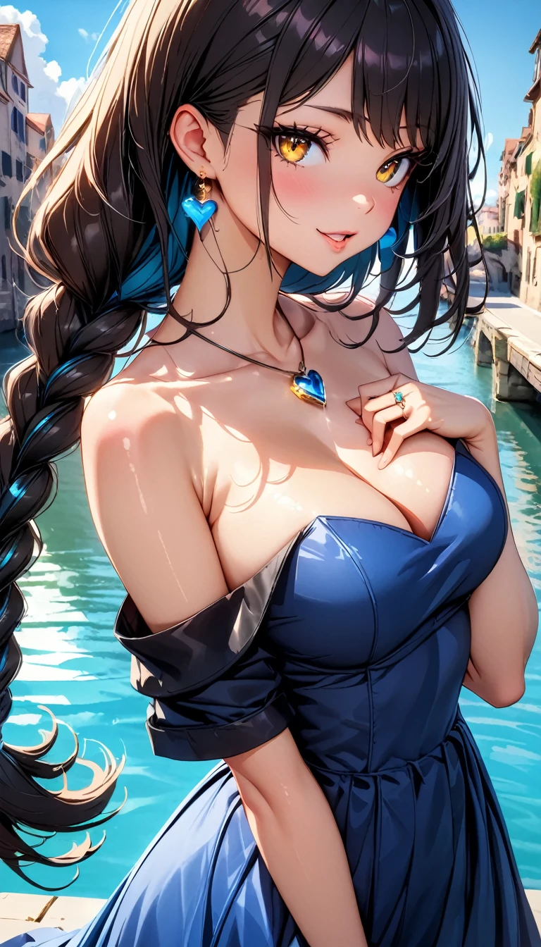 (highest quality:1.4), Very detailed, 8K, Vibrant, Best aesthetics, Accurate, (masterpiece:1.4),
BREAK
(profile, Cowboy Shot:1.2), 1 beautiful girl, 18yo, small face, beautiful detailed face, narrow waist, The beauty and danger of growing from a girl to an adult, A symbol of miraculous beauty, Graceful posture, sensual, bewitching woman, (cleavage:0.8), (magental hair, shiny hair, 1 long single braid of hair flowing from the shoulder to the front:1.5), Swept bangs,
BREAK
(Deep Blue Dress, off shoulder, Strapless dress, Sleeveless:1.4), (tiny teardrop-shaped earrings made of aqua blue sapphire:1.2),
BREAK
(A fantasy world cityscape:1.4), sunny afternoon, A city resembling Venice with canals, (Leaning against the railing of a bridge over a large river), Bright lighting, Beautiful world, Blown by the gentle wind, Soft sunlight that induces afternoon drowsiness, looking side glance, (left hand on own chest, five fingers:1.2), (vivid yellow eyes:1.4), (Slit Pupils, slant eyes, beautiful detailed eyes, sparkling eyes, long delicate eyelashes, Meticulous Eyelash Details), (1 tiny golden heart-shaped ring pendant:1.5),
BREAK
(hot gaze, heart-shaped lips, beautiful detailed lips, Glossy, Open Mouth, Leaking sigh), seductive smile,