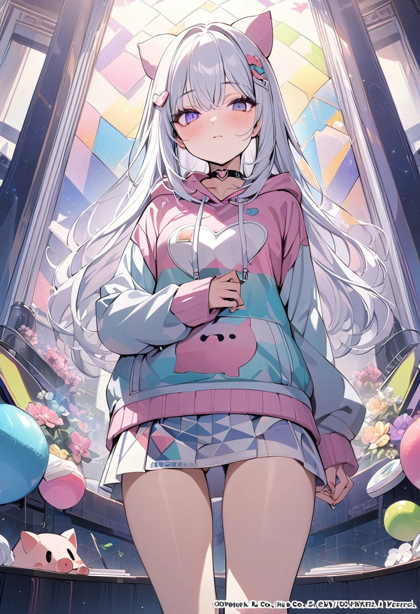 ,Beautiful flowers々）,Moles under the eyes, heart choker, (masterpiece, best quality), Official Art, beautiful and aesthetic: 1.2), (1 girl), Very detailed, (Geometric Art: 1.3), rich and colorful、Purple Eyes，White long hair、Pig Hoodie、mini skirt