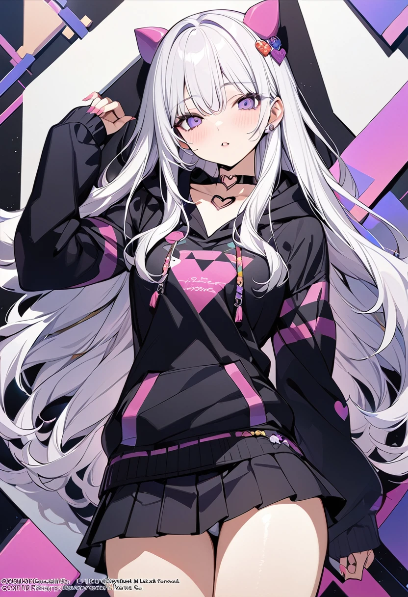 ,Beautiful flowers々),Moles under the eyes, heart choker, (masterpiece, best quality), Official Art, beautiful and aesthetic: 1.2), (1 girl), Very detailed, (Geometric Art: 1.3), rich and colorful、Purple Eyes,White long hair、Pig Hoodie、mini skirt