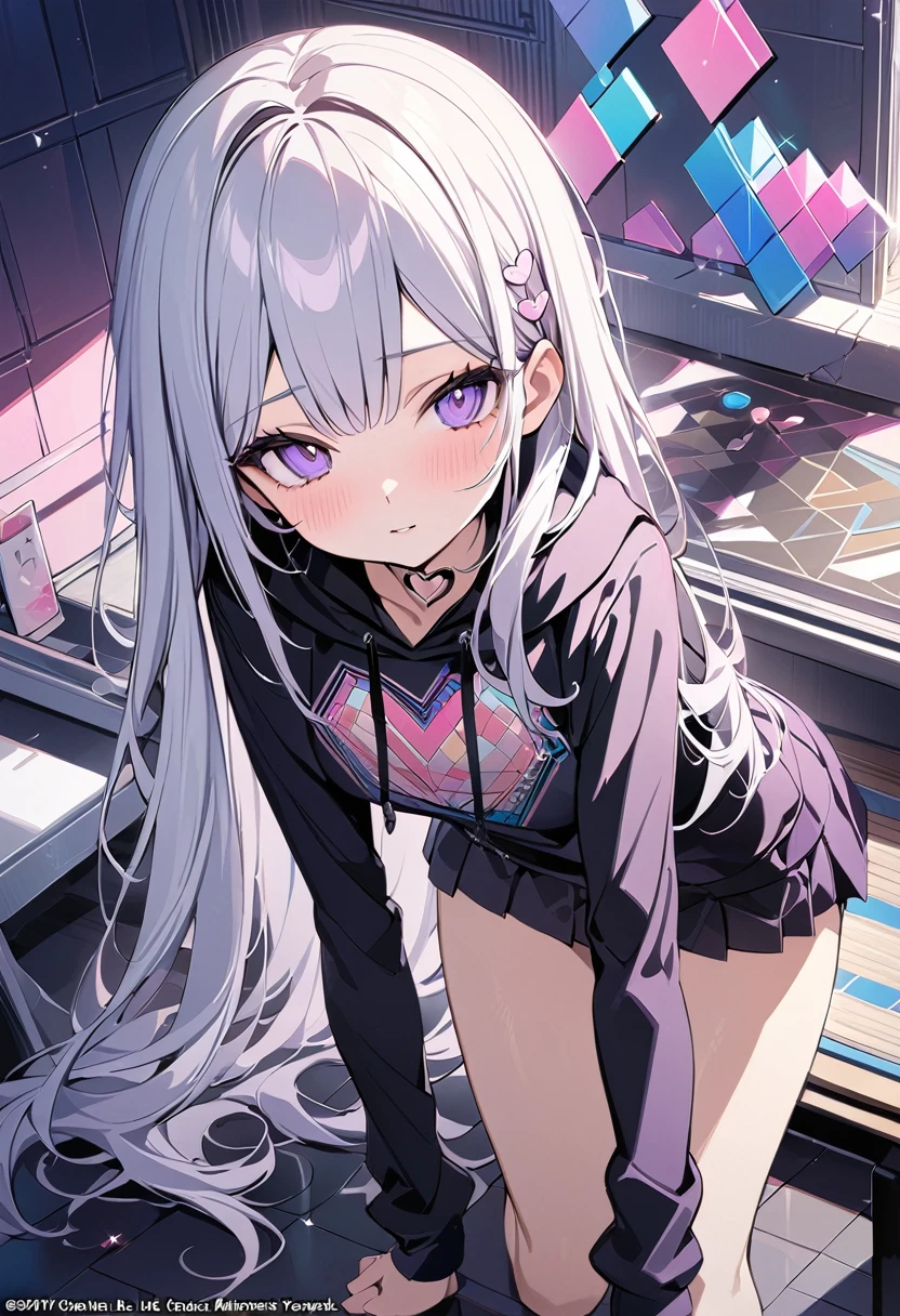,Beautiful flowers々),Moles under the eyes, heart choker, (masterpiece, best quality), Official Art, beautiful and aesthetic: 1.2), (1 girl), Very detailed, (Geometric Art: 1.3), rich and colorful、Purple Eyes,White long hair、Pig Hoodie、mini skirt