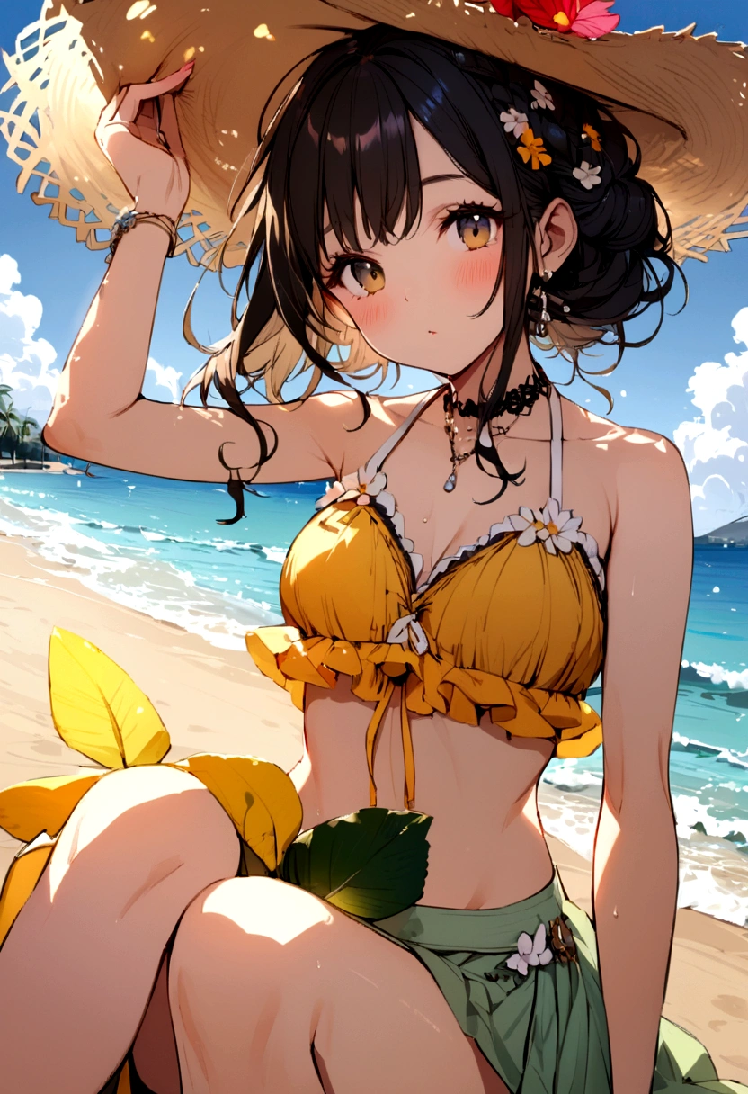(((masterpiece))、(((top-quality))、((extremely delicate and beautiful))、(Highly detailed CG Unity 8K wallpapers:1.3)、very delicate light、(Back lighting)、(steampunc)、
/=、
(((cowboy body))、(1loli:1.3)、独奏、(小柄)、(small tits)、Yellow swimsuit、High Waist Shorts、Vermilion hair、red eyes、耳环、(Wavy Curly Shorthair)、(Ahoge)、(Cute face:1.114)、(finely eye:1.15)、(cute face:1.114)
、(Beautiful fine eyes and beautiful face:1.15)、
Girl with a smile、Look happy in a beautiful tropical landscape。Behind her the sun went down、Bring a warm glow to the scene、It creates a dreamy atmosphere。In the distance、Palm trees swaying in the breeze、sand beach、suns、the beach、mare、Horizon, etc.、It creates a laid-back retro atmosphere。
Highly detailed ray tracing